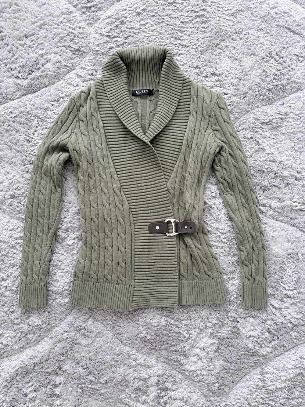 Ralph Lauren Olive Cable Knit  Buckled Cotton Sweater